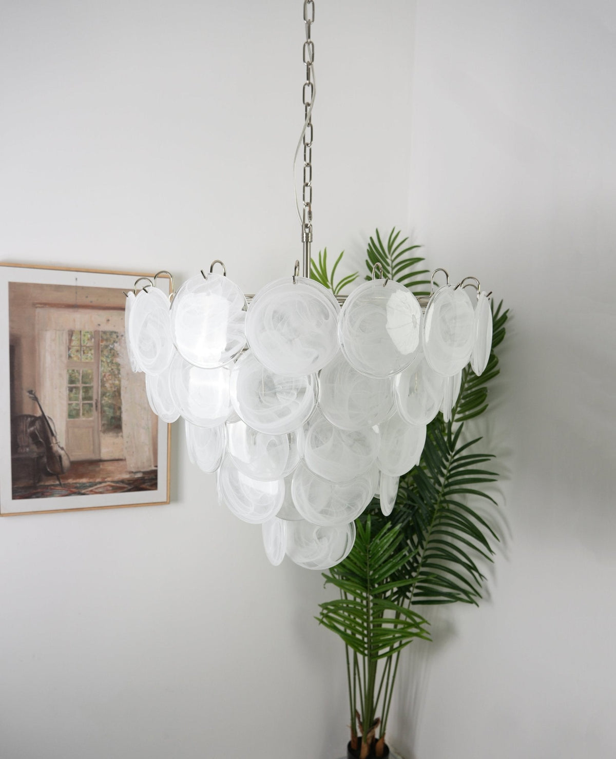 Veloelle Chandelier White Murano Glass Disc Contemporary
