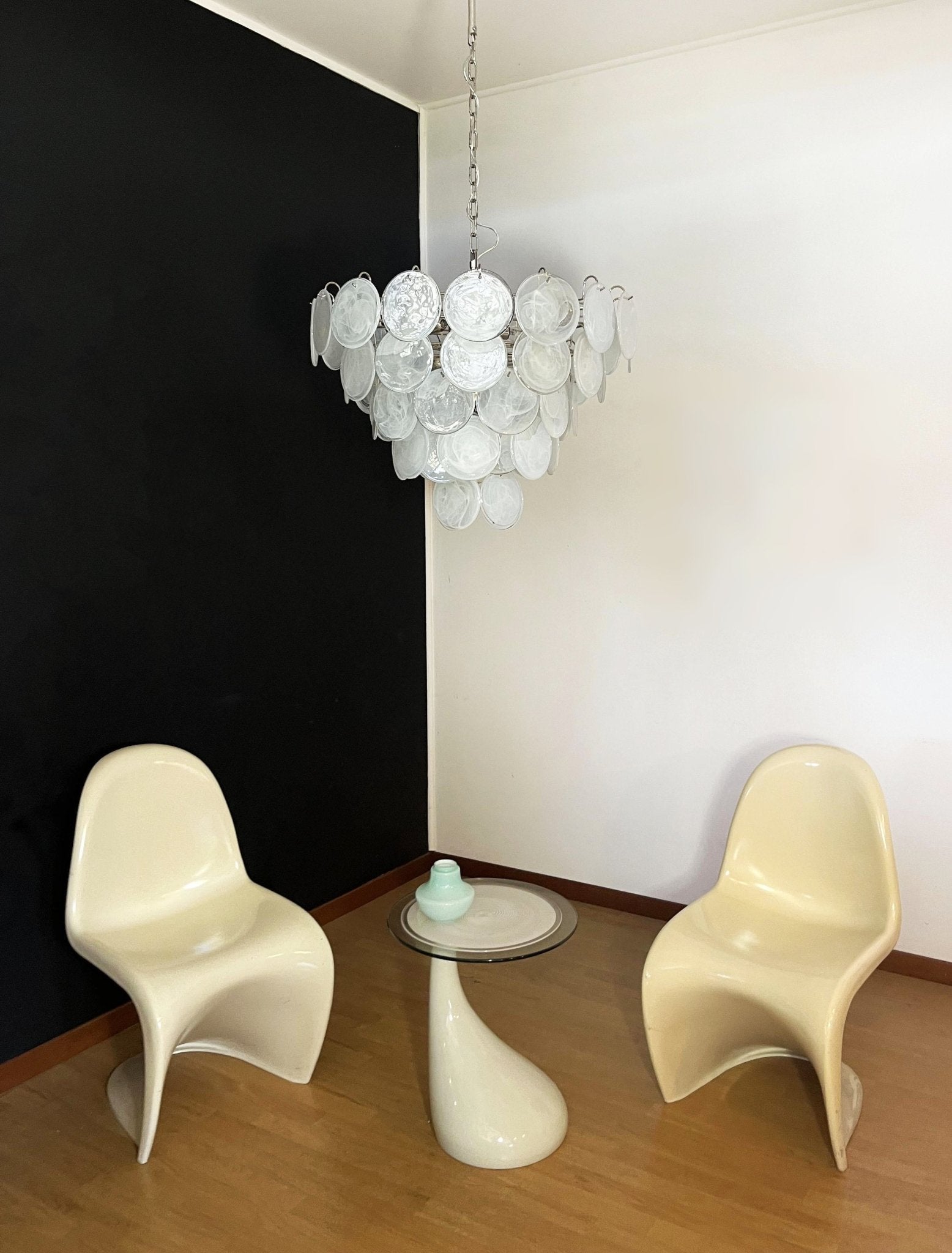 Veloelle Chandelier White Murano Glass Disc Contemporary