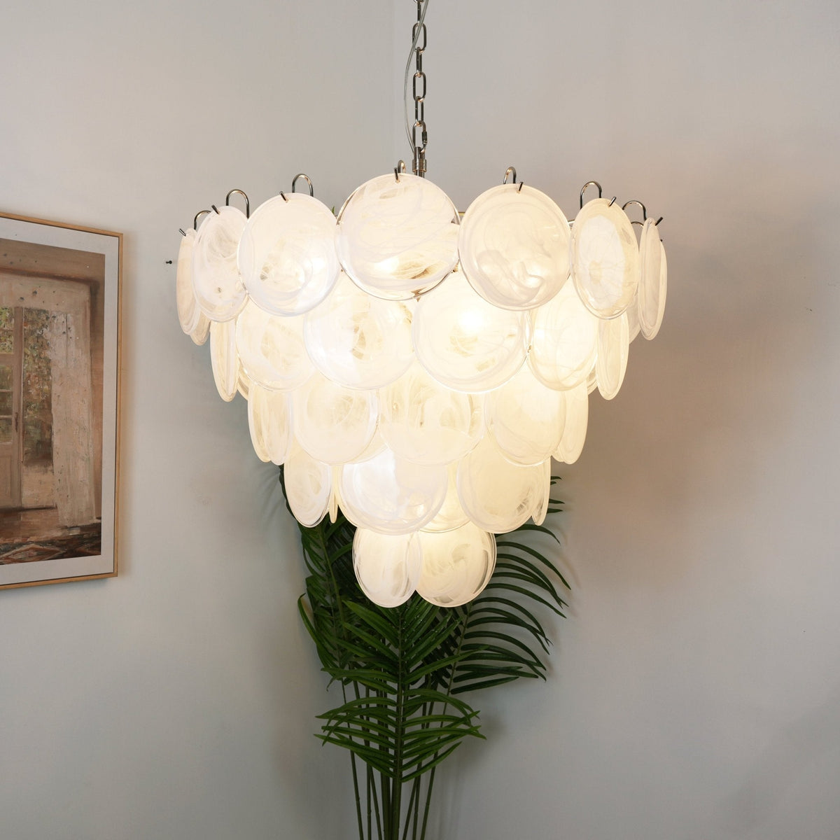 Veloelle Chandelier White Murano Glass Disc Contemporary