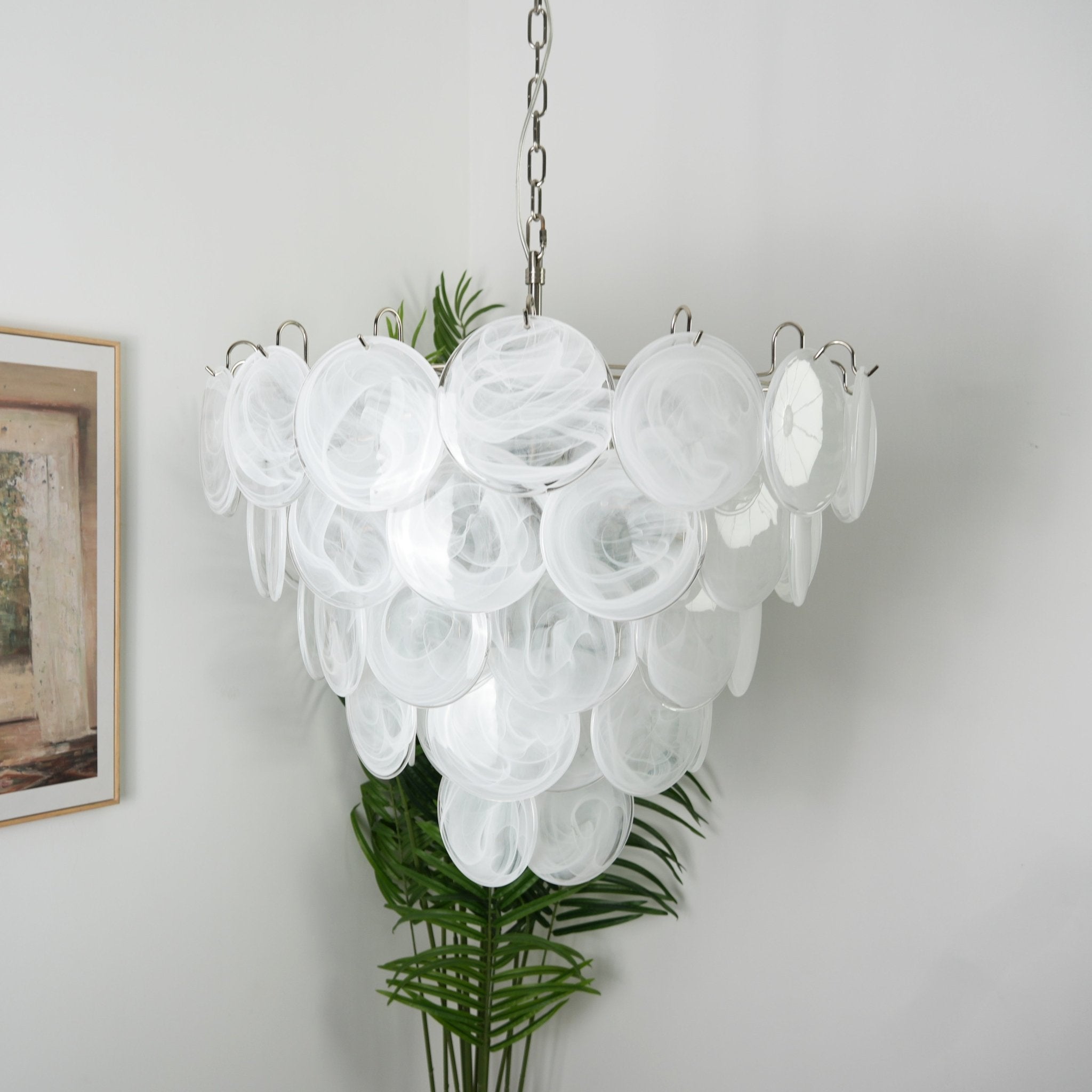 Veloelle Chandelier White Murano Glass Disc Contemporary