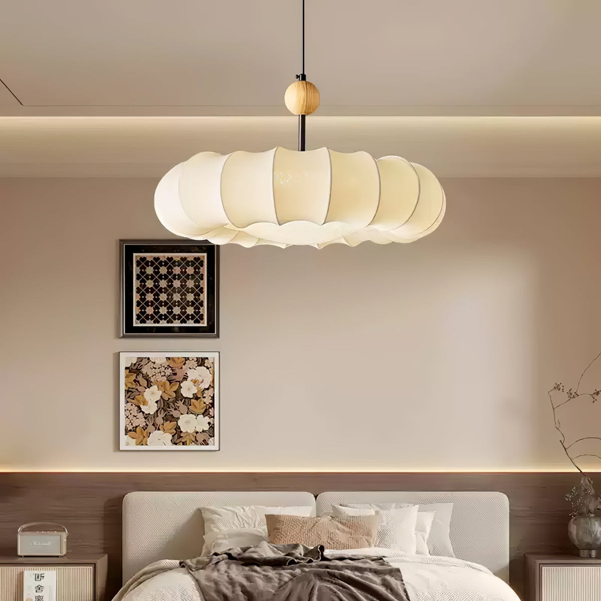 Embers Traditional Natural Veil Wood Fabric Pendant Light