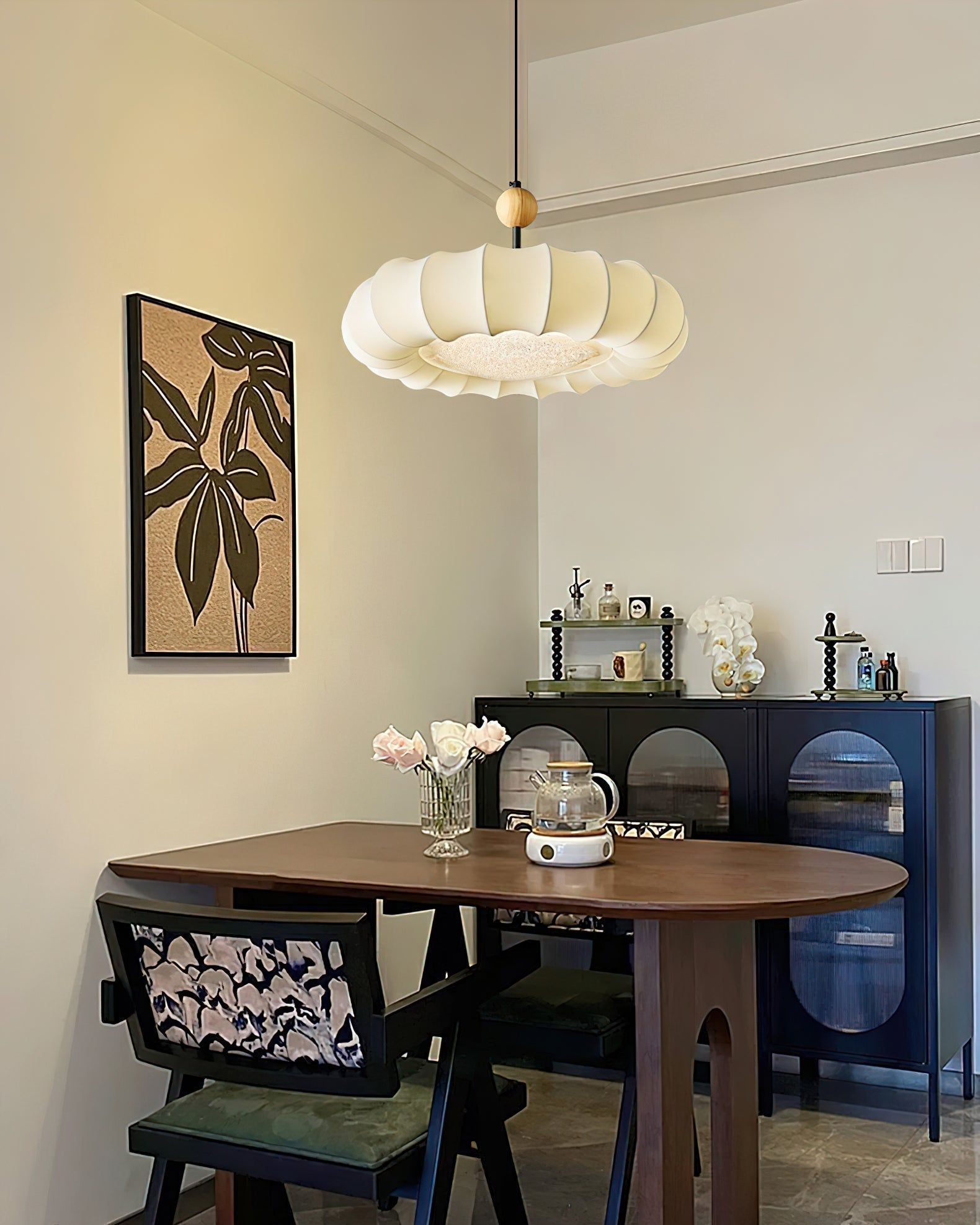Embers Traditional Natural Veil Wood Fabric Pendant Light