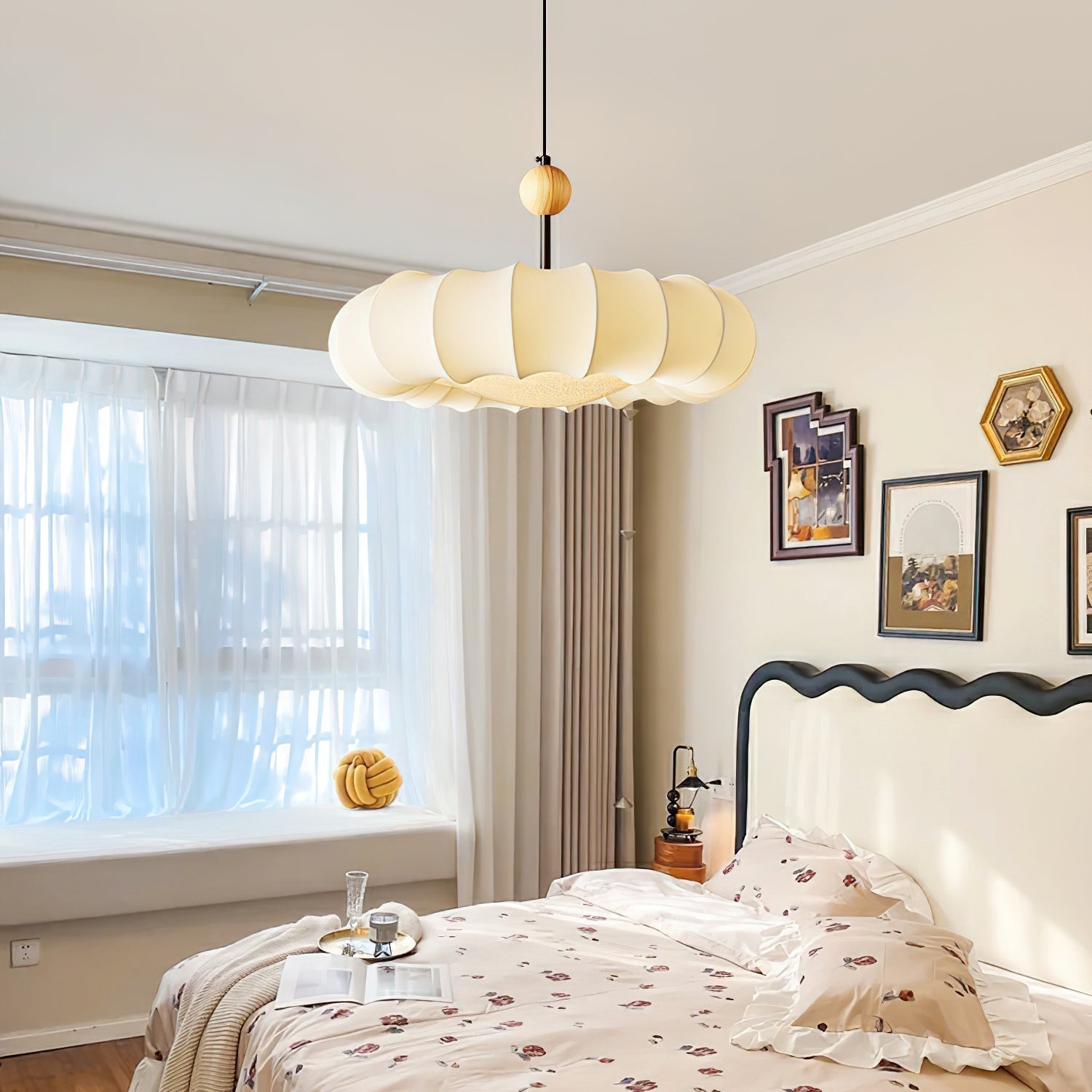 Embers Traditional Natural Veil Wood Fabric Pendant Light
