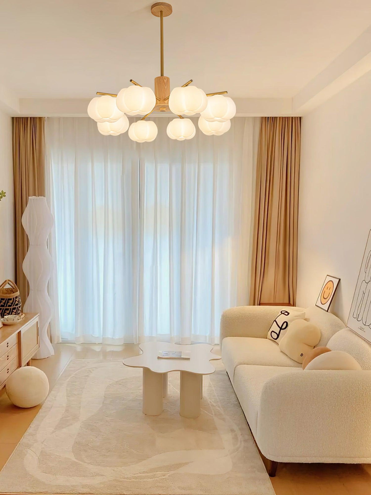 Sylanira Chandelier Wooden Cotton Balls Gold PE