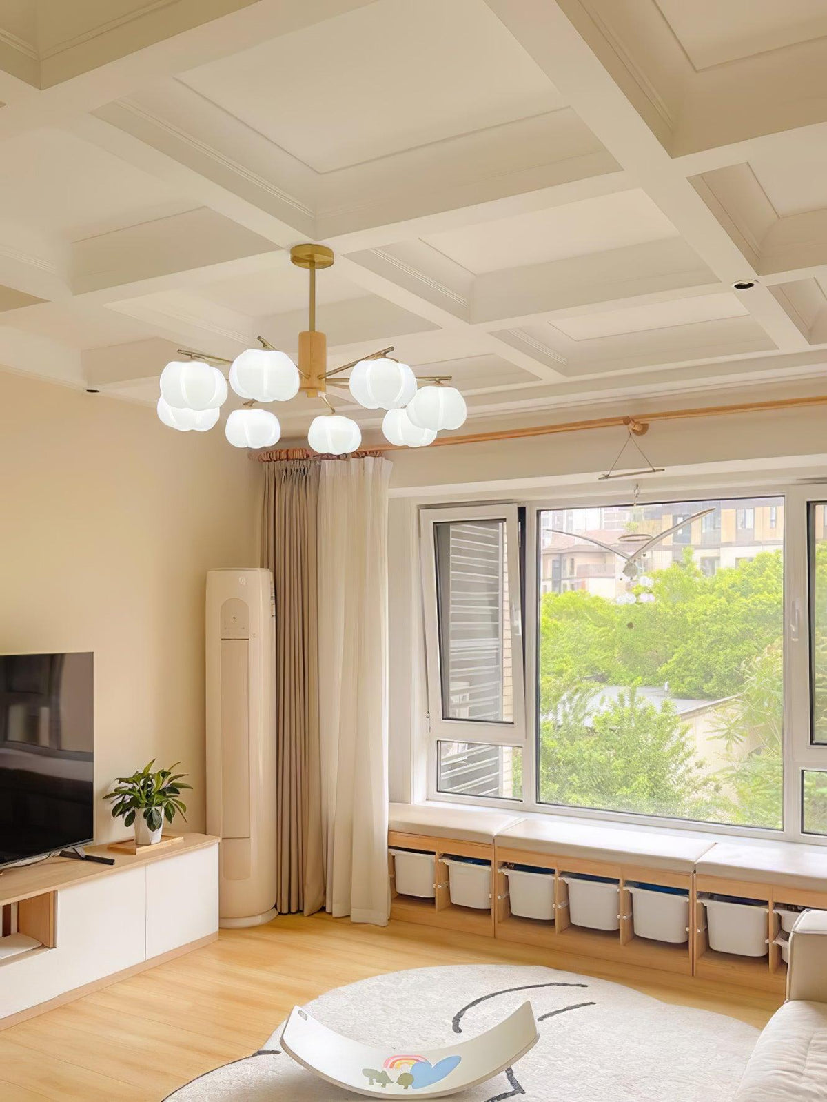 Sylanira Chandelier Wooden Cotton Balls Gold PE