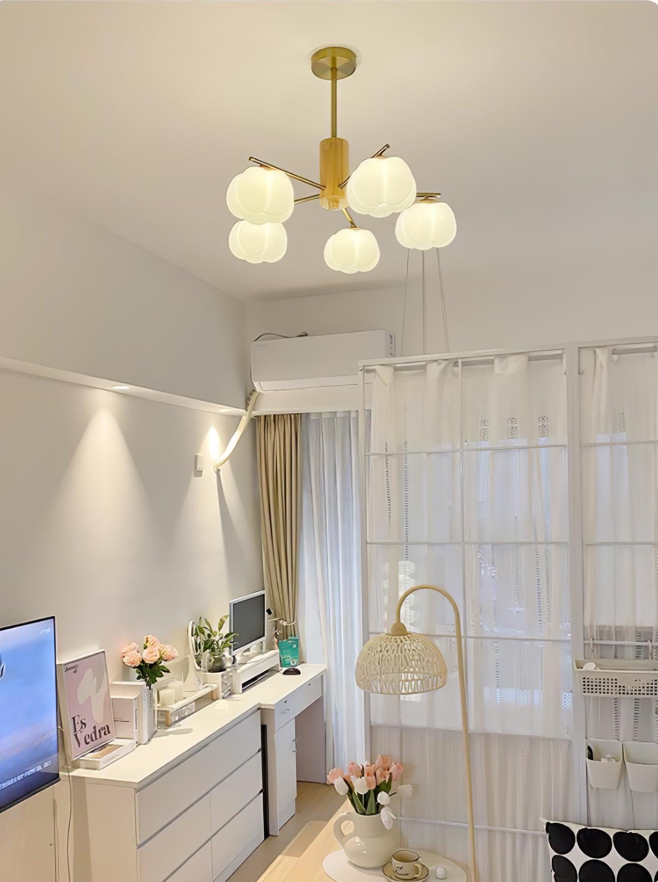 Sylanira Chandelier Wooden Cotton Balls Gold PE