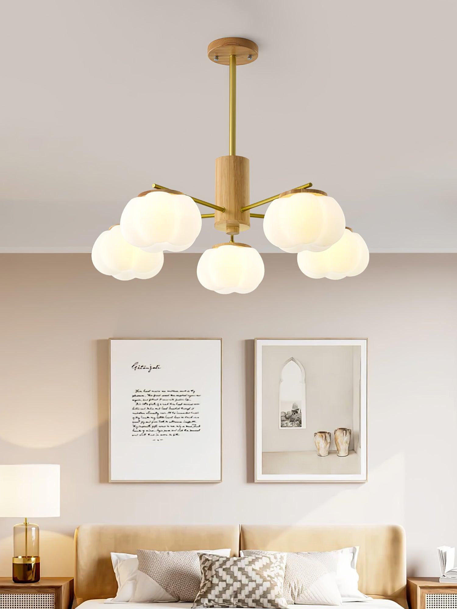Sylanira Chandelier Wooden Cotton Balls Gold PE