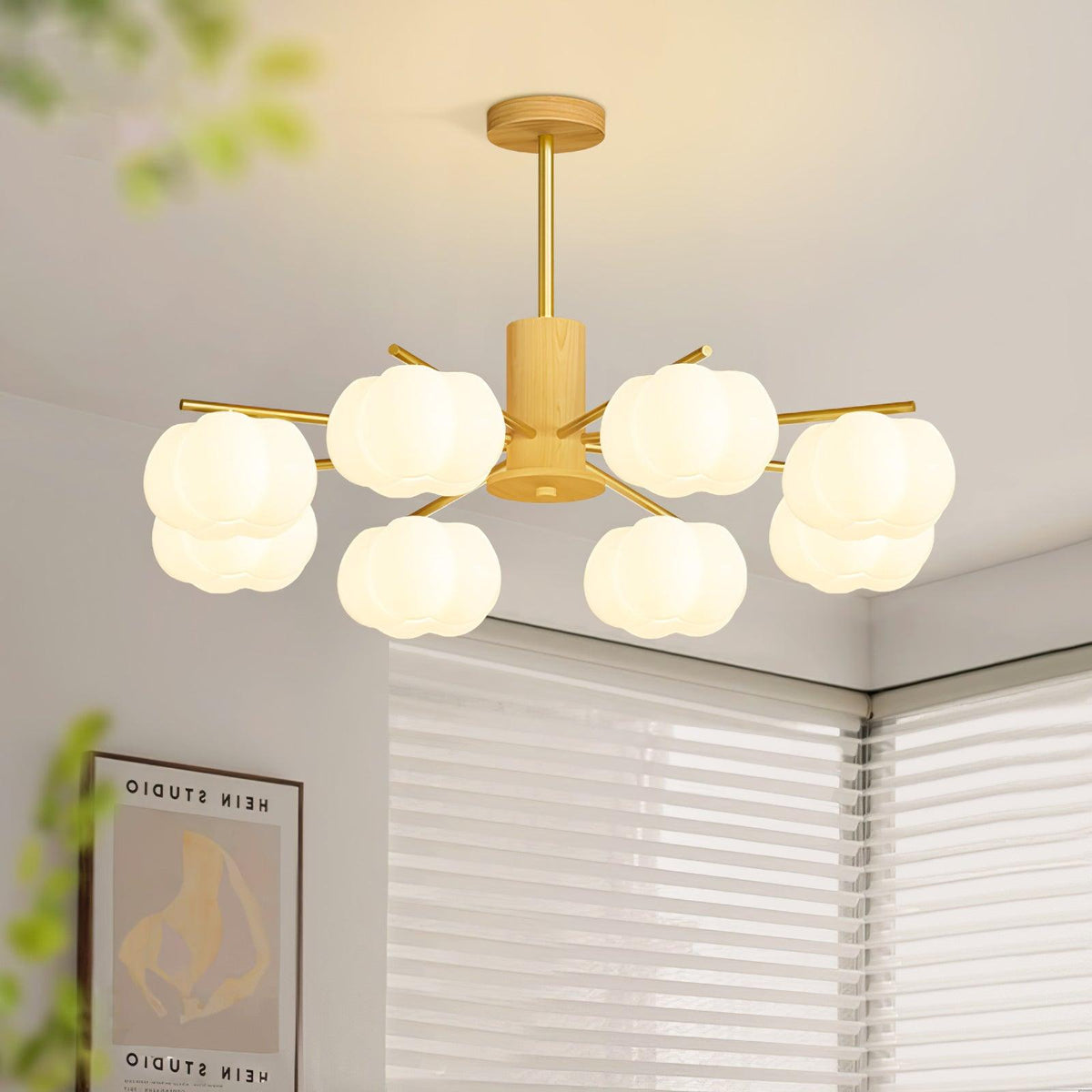 Sylanira Chandelier Wooden Cotton Balls Gold PE