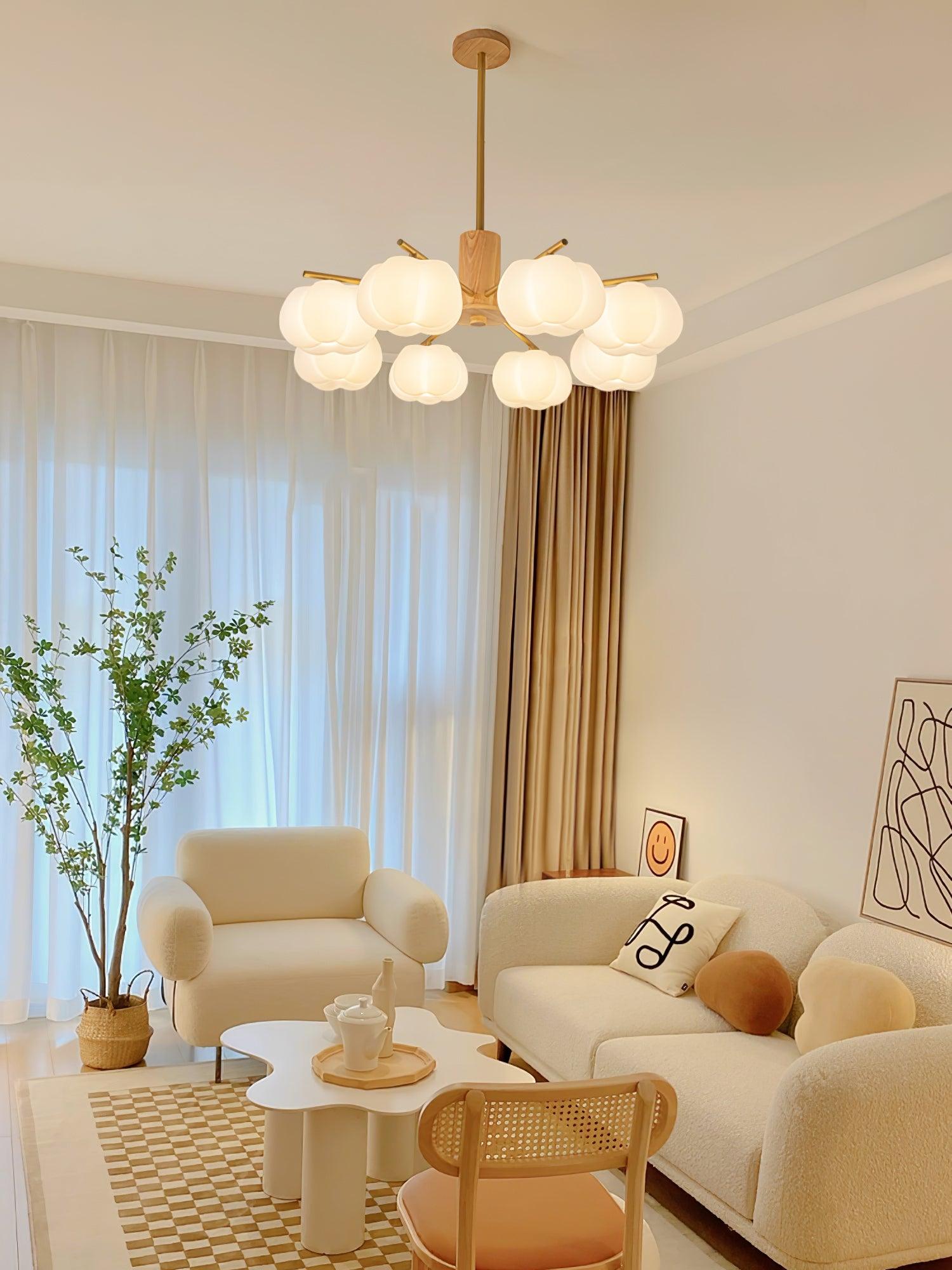 Sylanira Chandelier Wooden Cotton Balls Gold PE